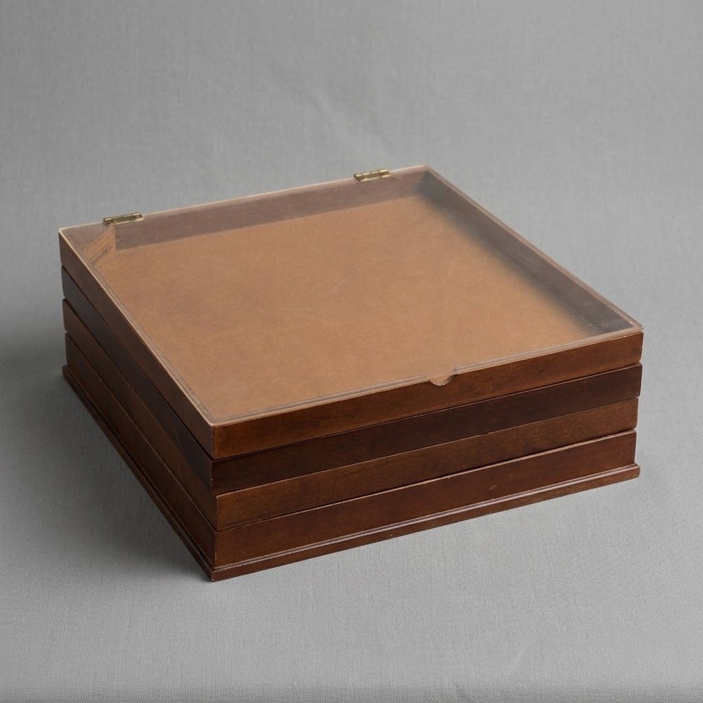 Vintage Wooden Stacking Jewelry Display Box Clear Lid Multi Tier Brown